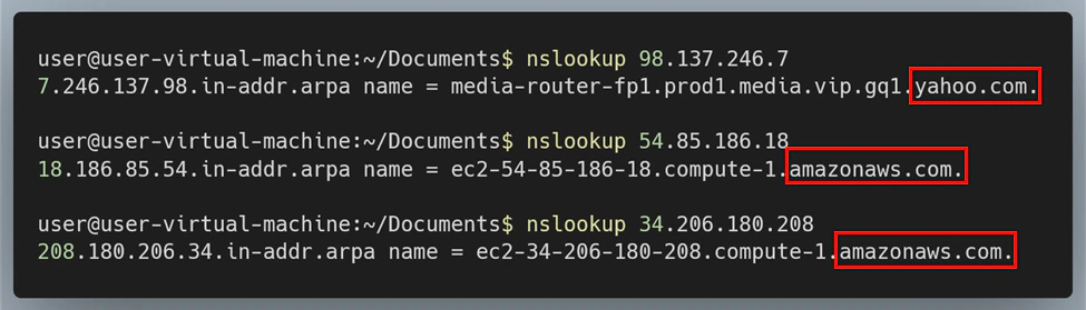 Figure 6: Running nslookup on IPs accessed by temi