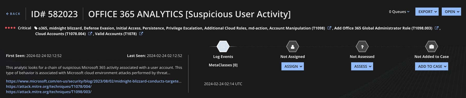 Figure 2: An “OFFICE 365 ANALYTICS  Suspicious User Activity” Helix alert