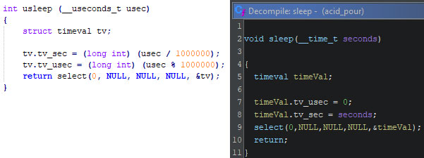 Figure 11 - The uClibc usleep function from its source code, and the sleep function within AcidPour