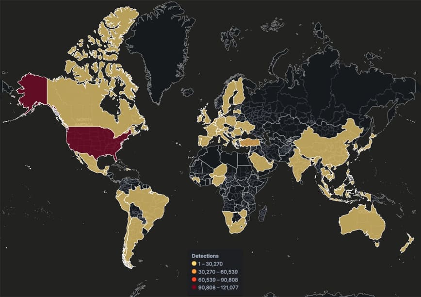 Figure 2 Global heatmap of Qakbot detection over the last 3 months