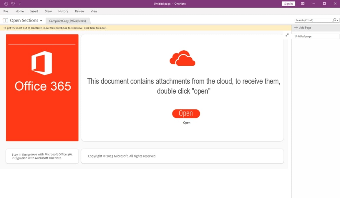 Figure 5 Screenshot of Office365 themed phishing OneNote document.