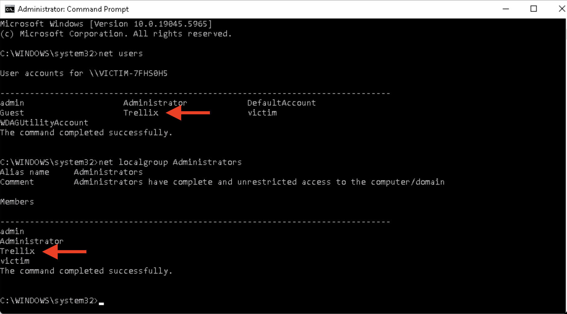 Figure 11: Executing the payload and adding attacker to administrators group