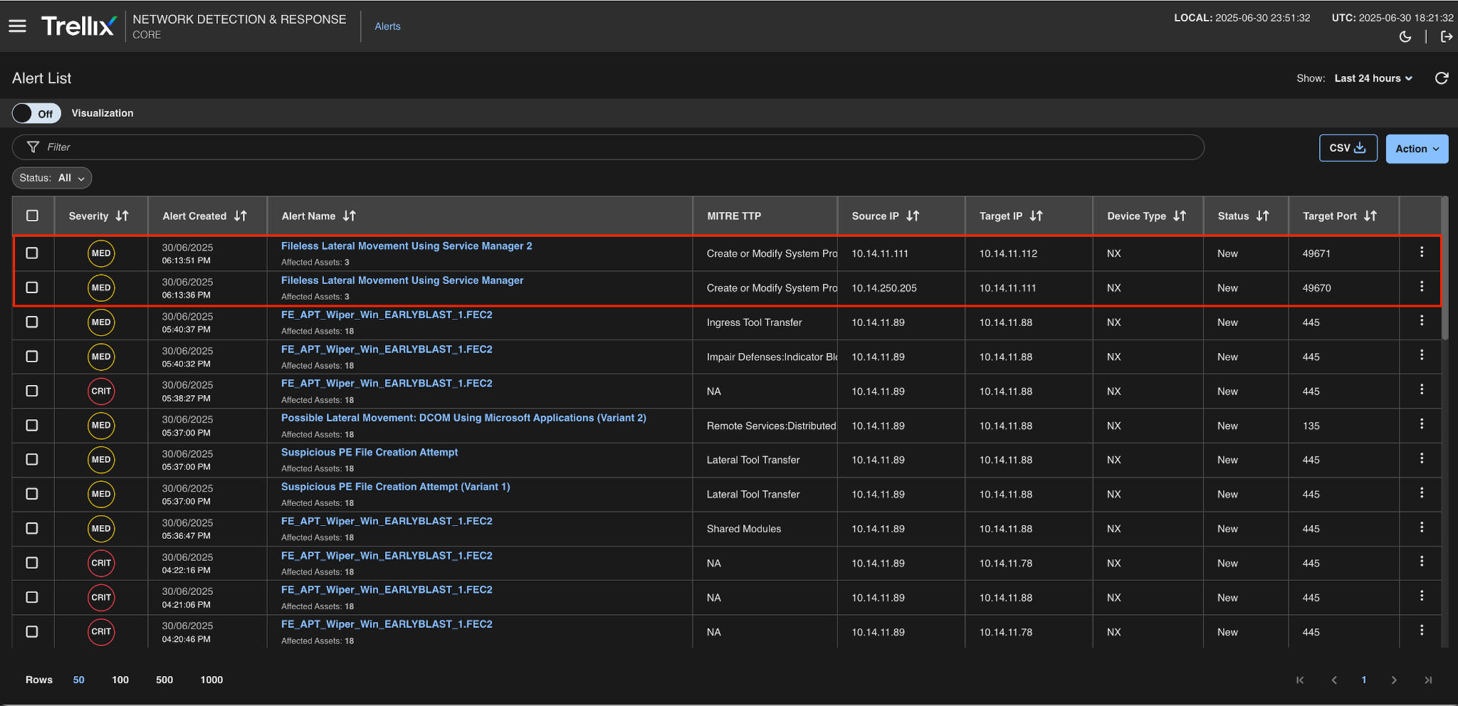 Figure 13: Trellix NDR Alert View - Detecting fileless lateral movement via service manager