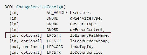 Figure 6: ChangeServiceConfig parameters