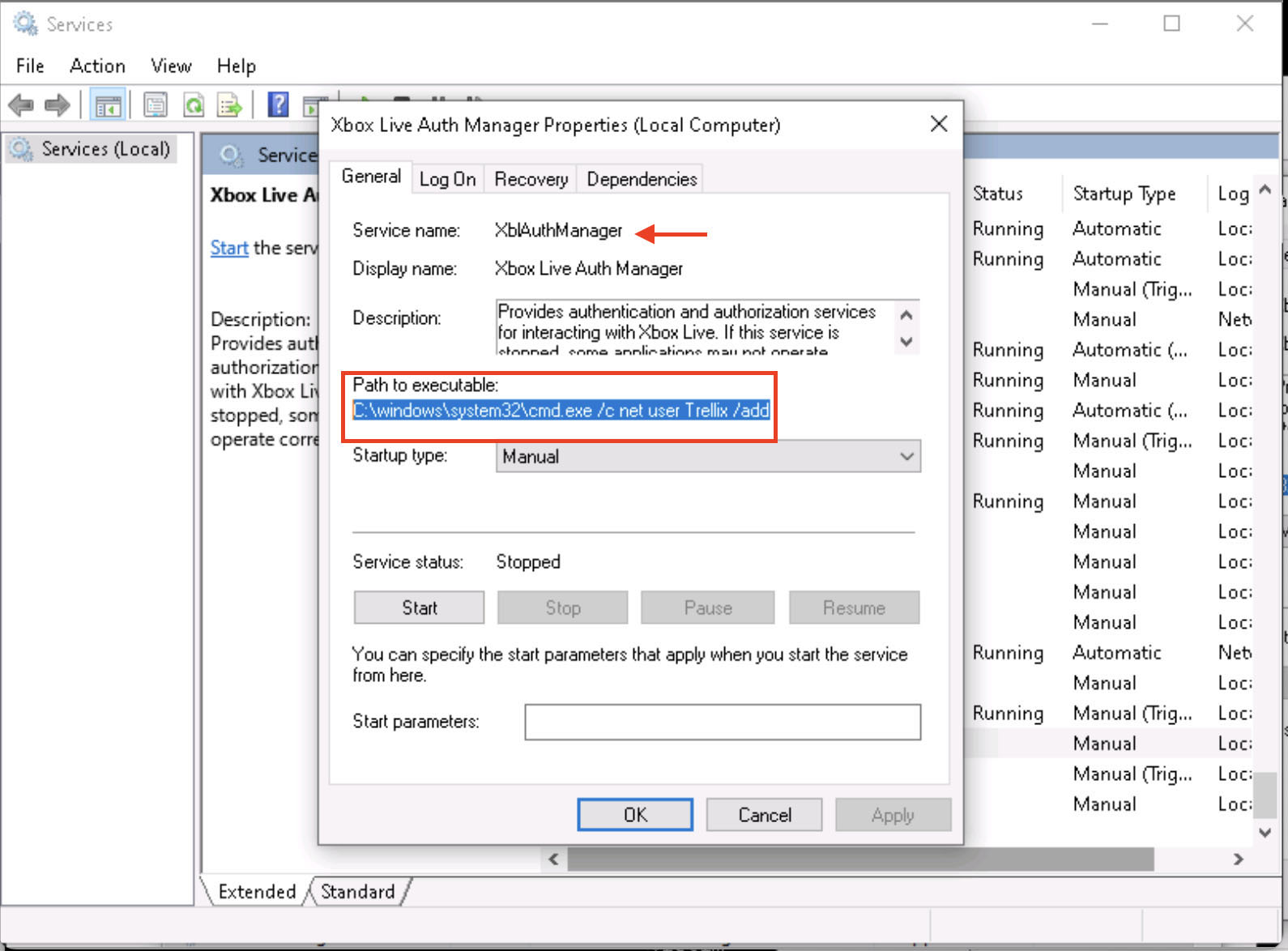 Figure 9: Modified service executable path to add a new admin user