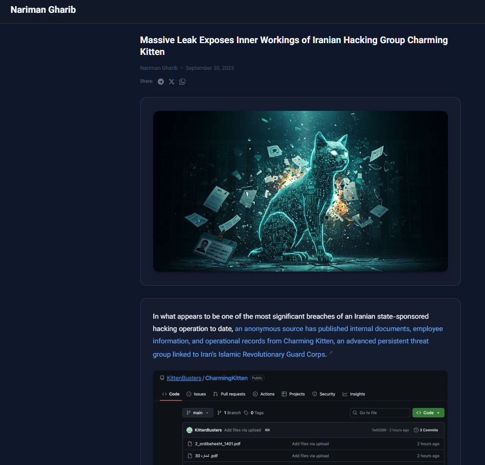 Figure 4: Nariman Gharib’s blog on APT35’s internal activity.