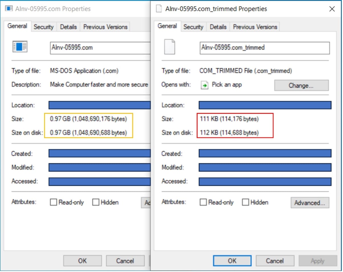 Figure 20: Comparison between Inflated file and trimmed overlay file properties 