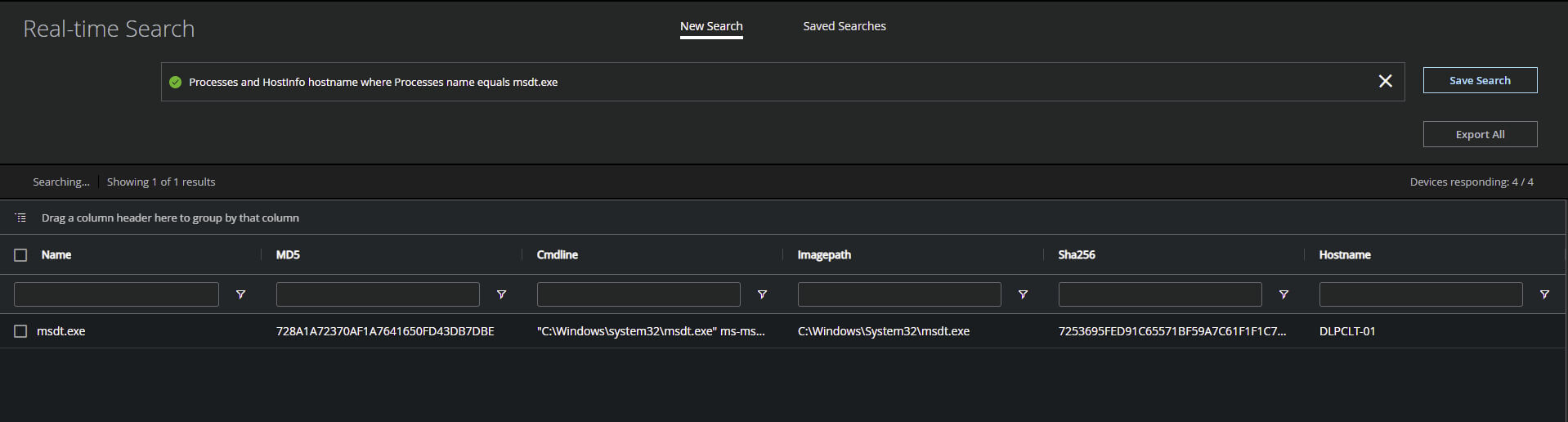 MVISION EDR Real-time search to locate ongoing MSDT.exe activity