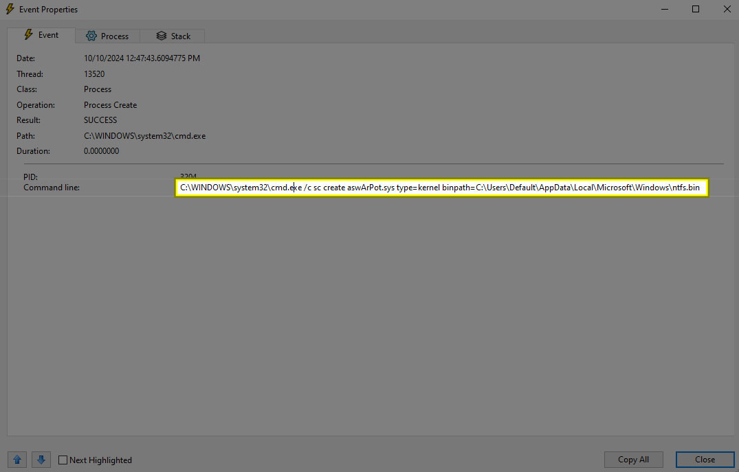 Figure 3: malware using service control and Avast Anti-Rootkit kernel driver to create a new service