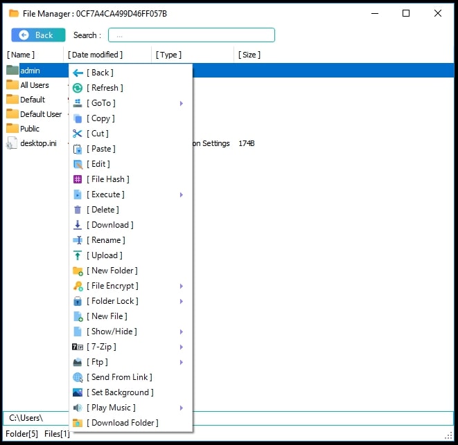 Figure 17: Options shown to RAT Operator while using FileManager.dll plugin
