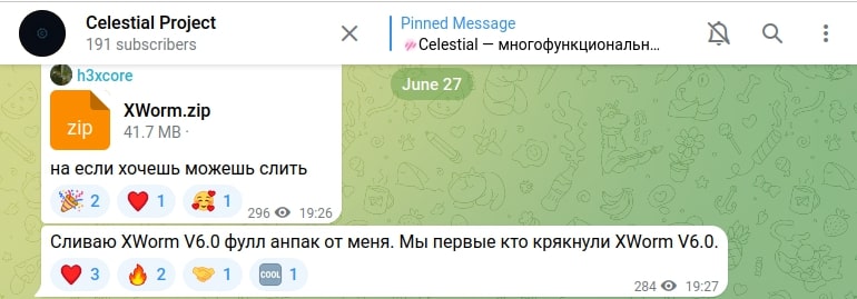 Figure 24: Crack released by Celestial Rat team on June 27, 2025. Translated text:
“If you want, you can leak it. I'm leaking XWorm V6.0 full unpacked by me. We are the first who cracked XWorm
V6.0”